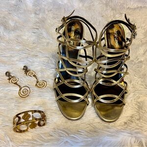 Roberto Cavalli Gold Leather Strappy Gladiator Heels Size 40 Made in Italy
